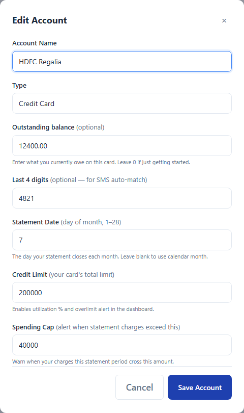 Allot's Edit Account form for a credit card, showing Statement Date set to 7, Credit Limit 200000 and Spending Cap 40000, each with an explanatory hint underneath.