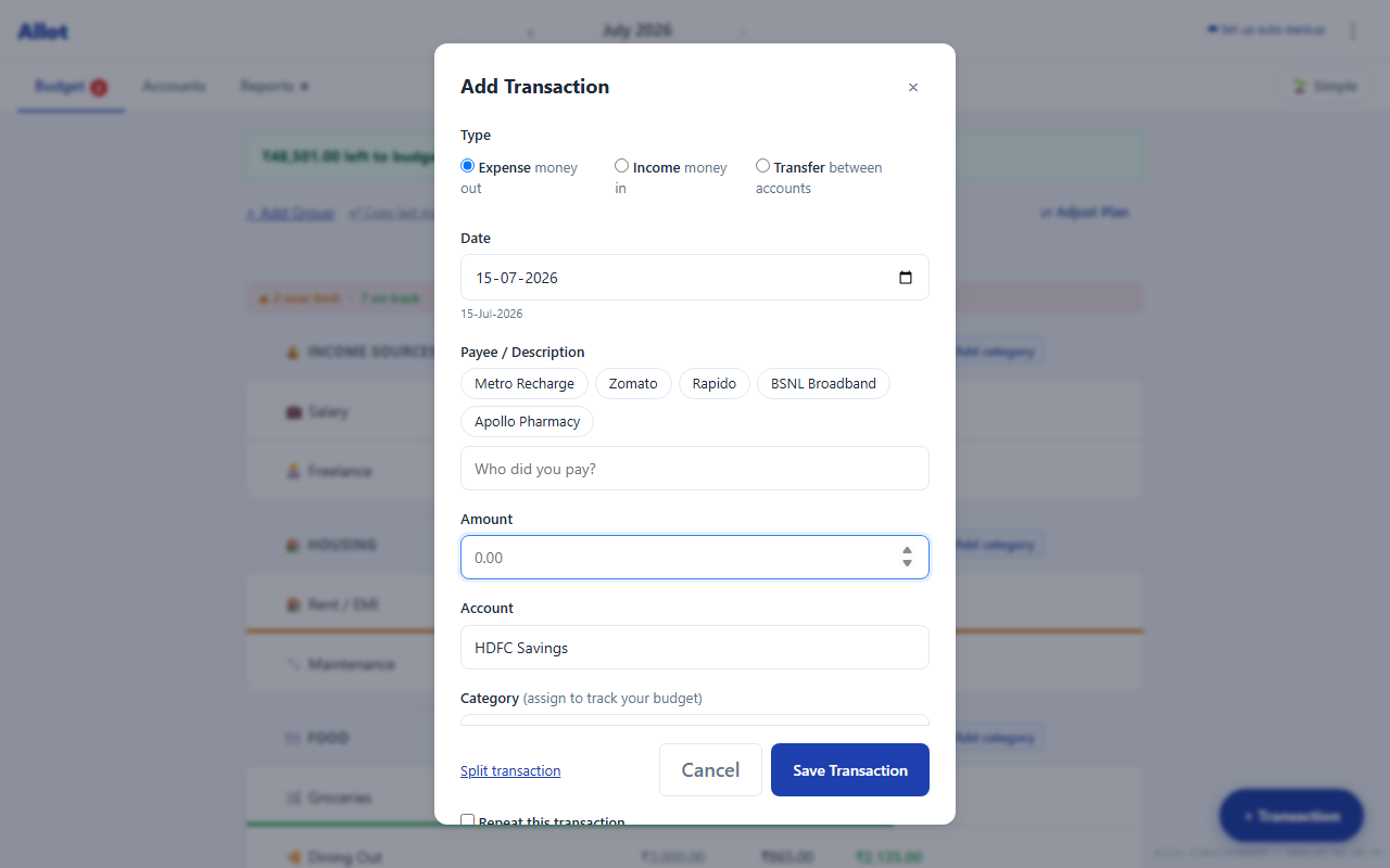 Add Transaction modal with empty fields