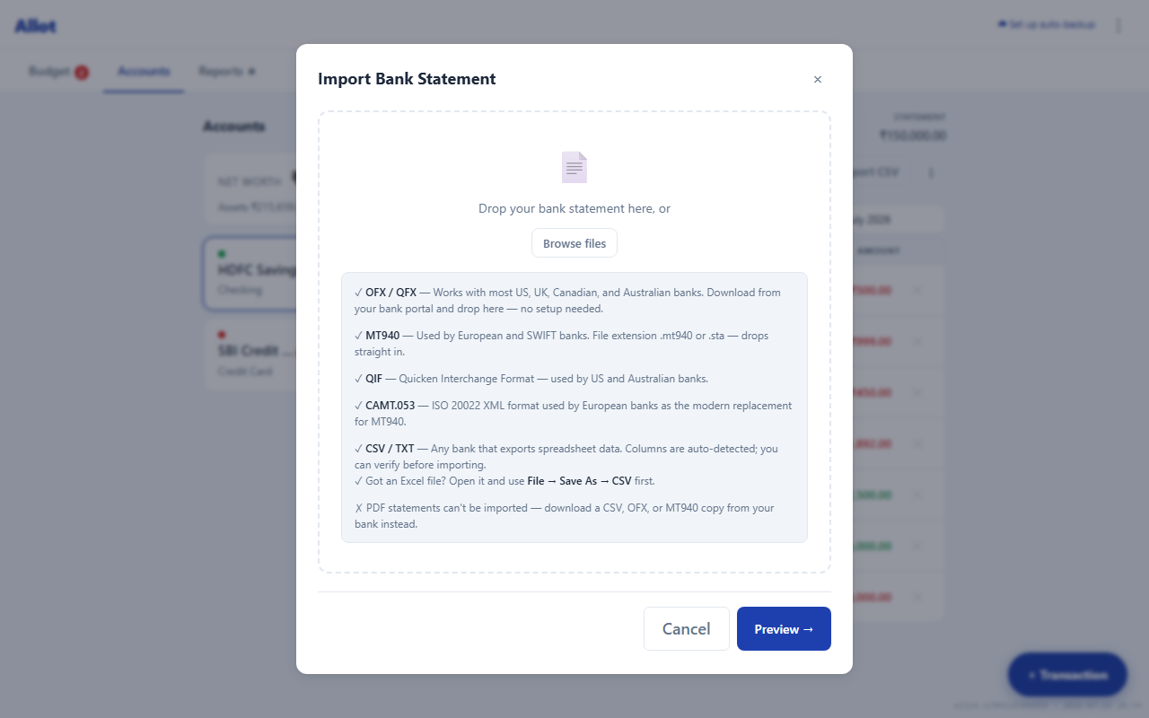 CSV import modal step 1 with file upload zone