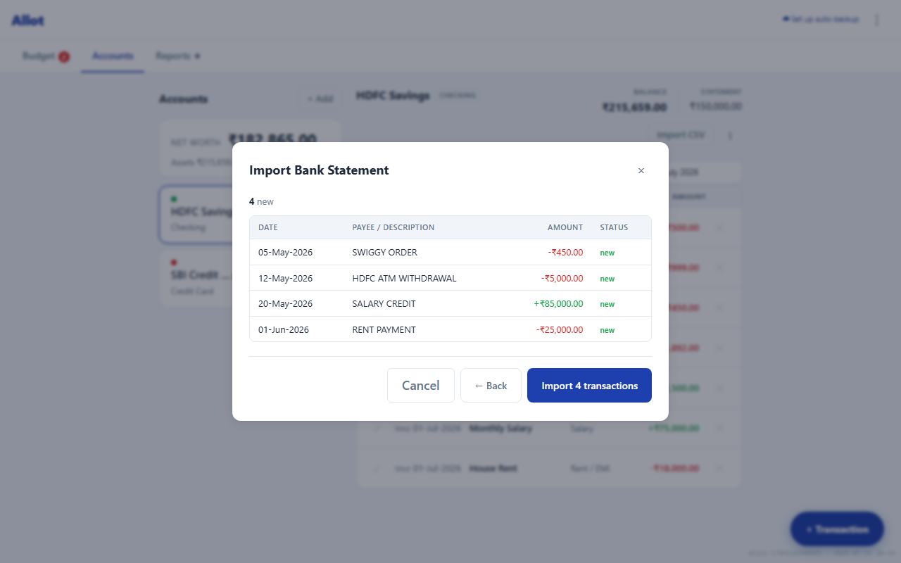 CSV import preview step showing transaction rows with categories