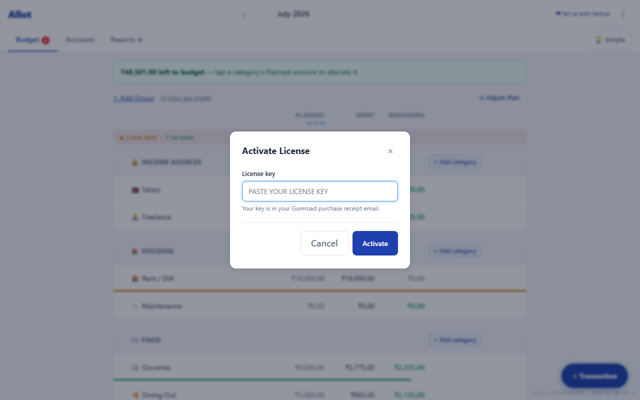 License key entry modal with AL-XXXX input field