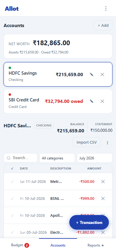 Allot accounts view on a phone